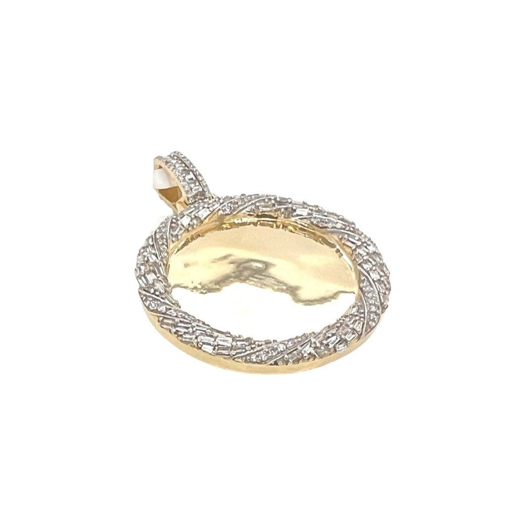 10K Yellow Gold Round Memory Frame Baguette Diamond Pendant 1.9 CT 1.75"