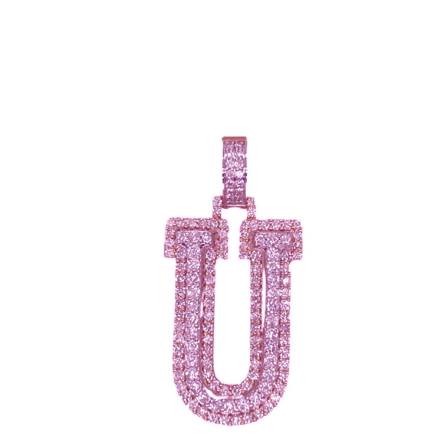 10K Rose White Gold 3D Letter U Initial Diamond Pendant 1.64 CT 1.5"