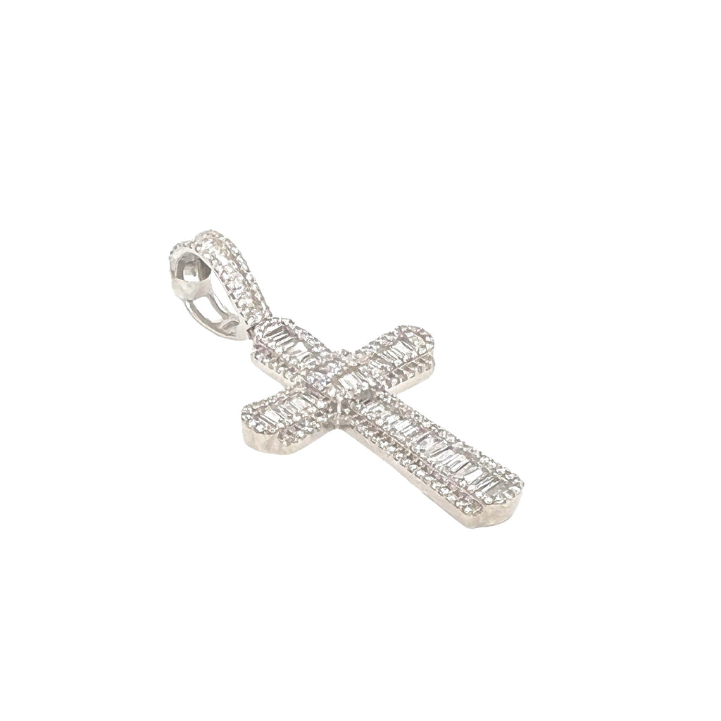 10K White Gold Baguette Diamond Cross Pendant 1.55 CT 1.8"
