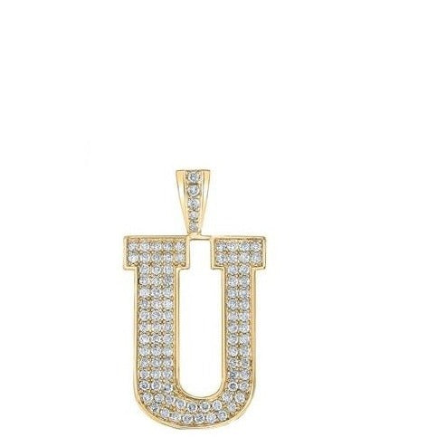 10K Yellow Gold Block Letter U Initial Diamond Pendant 1.62 CT 1.6"