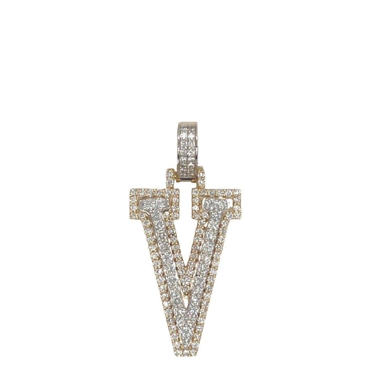 10K Yellow White Gold 3D Letter V Initial Diamond Pendant 1.24 CT 1.5"