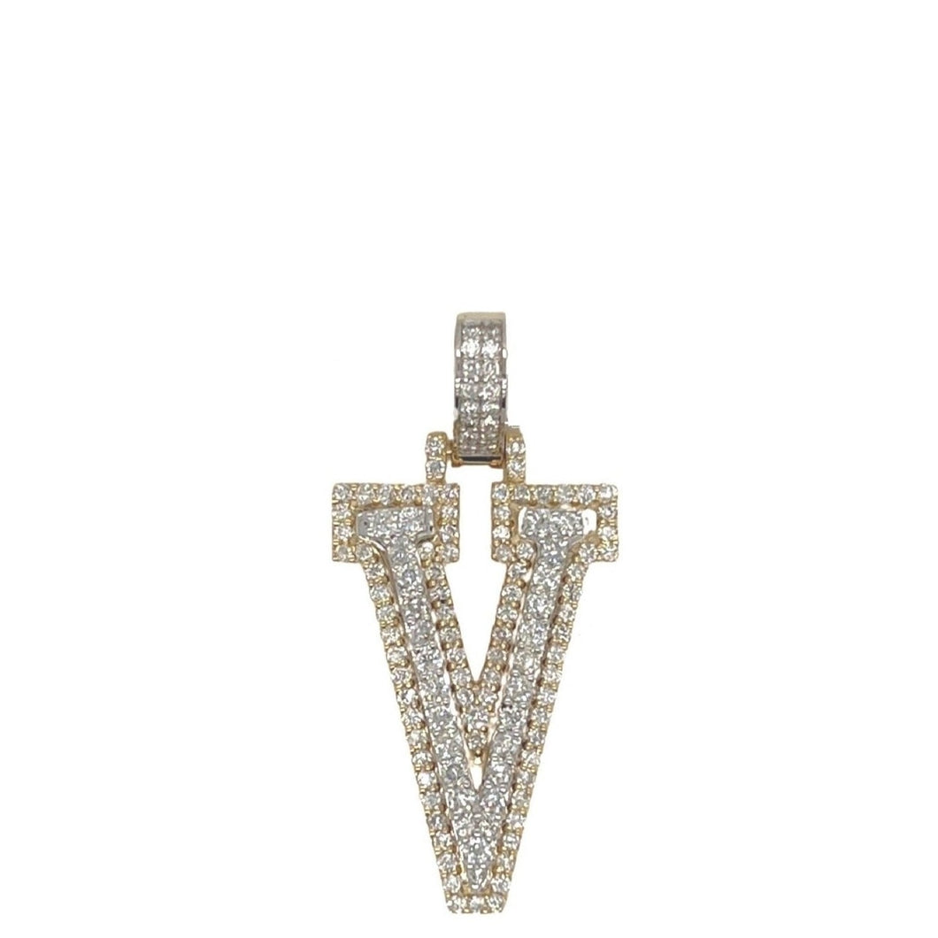 10K Yellow White Gold 3D Letter V Initial Diamond Pendant 1.24 CT 1.5