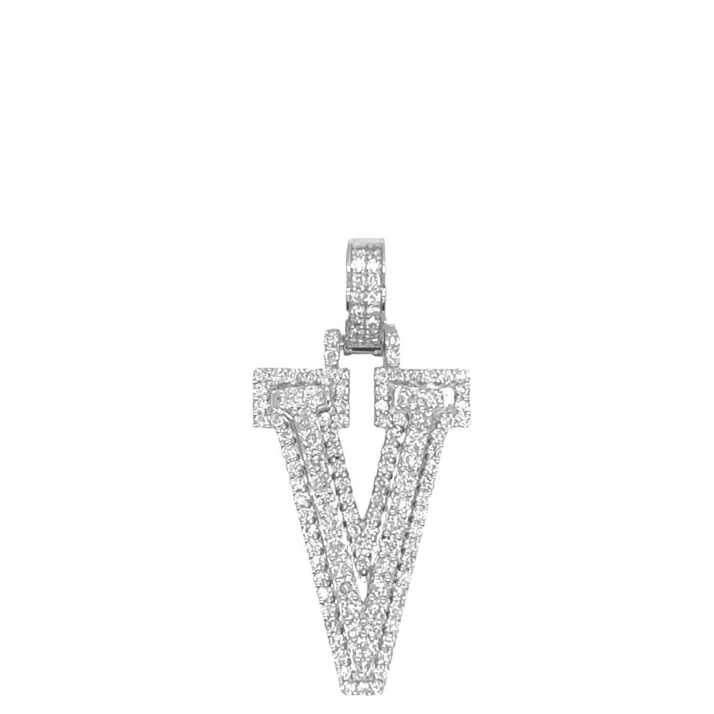 10K White Gold 3D Letter V Initial Diamond Pendant 1.24 CT 1.5"