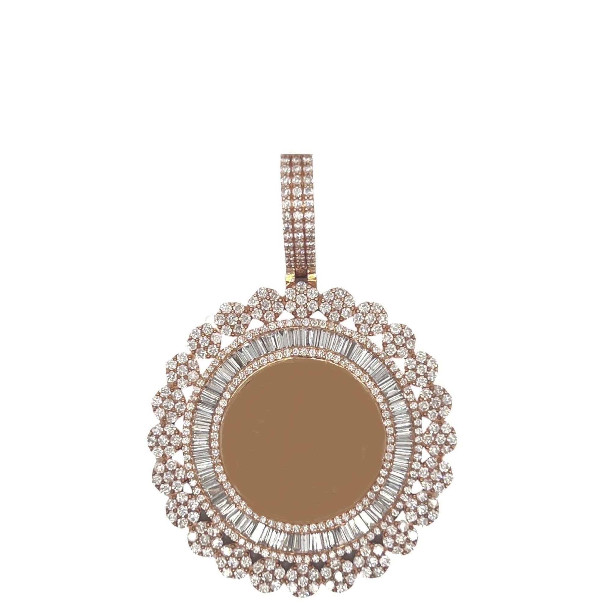 10K Rose Gold Memory Frame Cluster Baguette Diamond Pendant 3.94 CT 2.1"