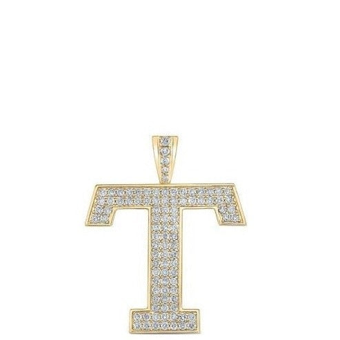 10K Yellow Gold Block Letter T Initial Diamond Pendant 1.51 CT 1.6"