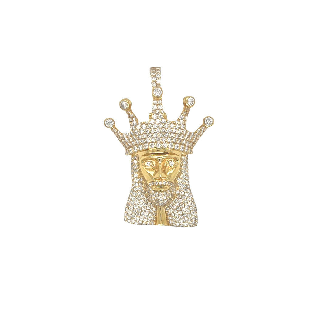 10K Yellow Gold Crown Jesus Head VS Diamond Pendant 2.0 CT 1.5"