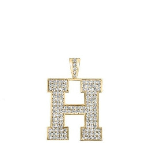 10K Yellow Gold Block Letter H Initial Diamond Pendant 2.31 CT 1.6"