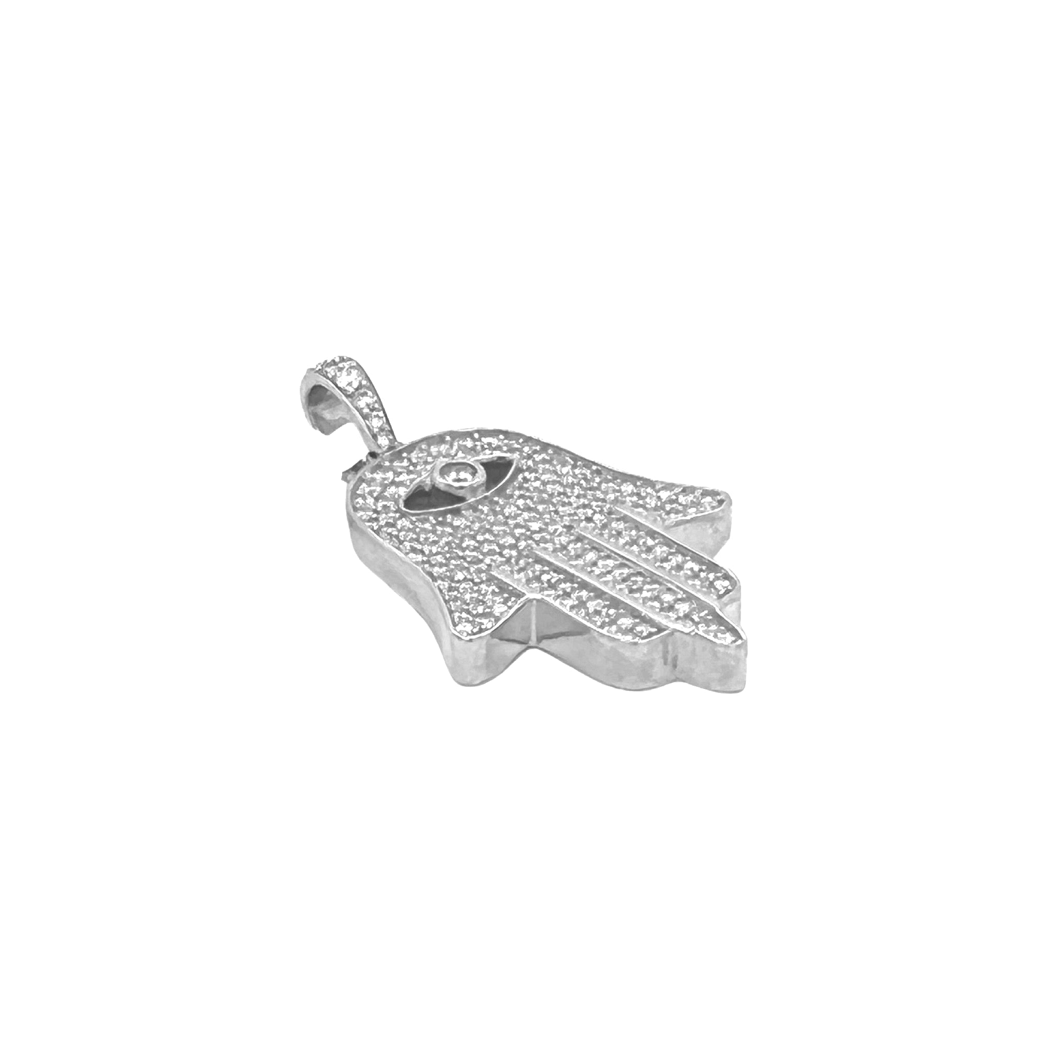 10K White Gold Hamsa Evil Eye Diamond Pendant 1.08 CT 1.25"
