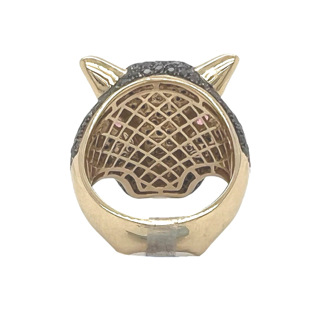 Mens 14K Yellow Gold Panther Head Black Diamond Ring 3.5 CT