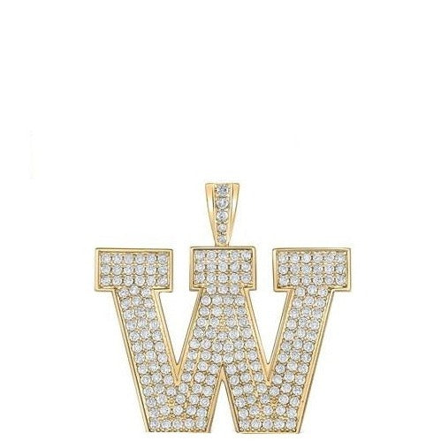 10K Yellow Gold Block Letter W Initial Diamond Pendant 3.29 CT 1.6"