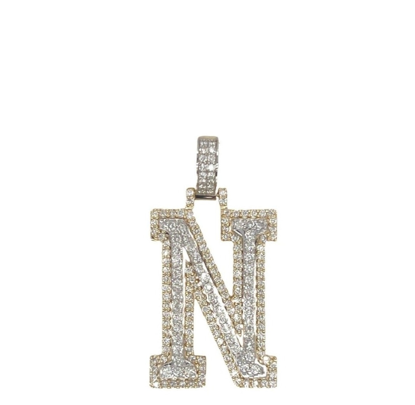 10K Yellow White Gold 3D Letter N Initial Diamond Pendant 1.62 CT 1.5"