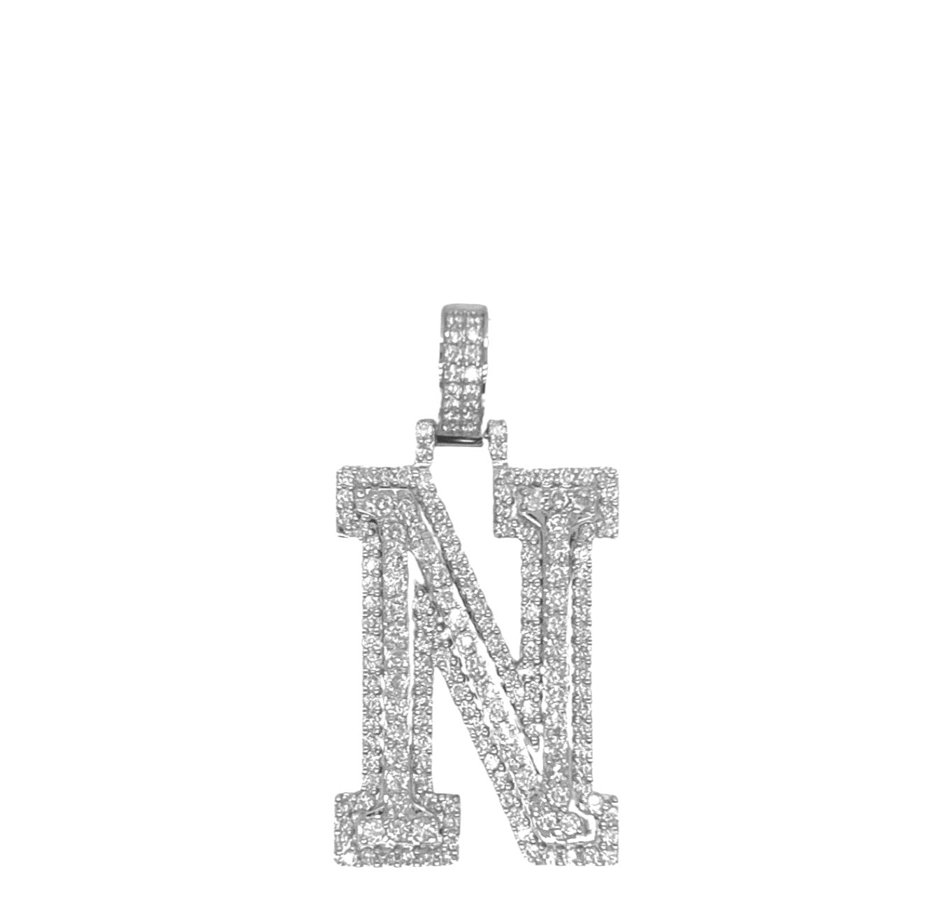 10K White Gold 3D Letter N Initial Diamond Pendant 1.62 CT 1.5"