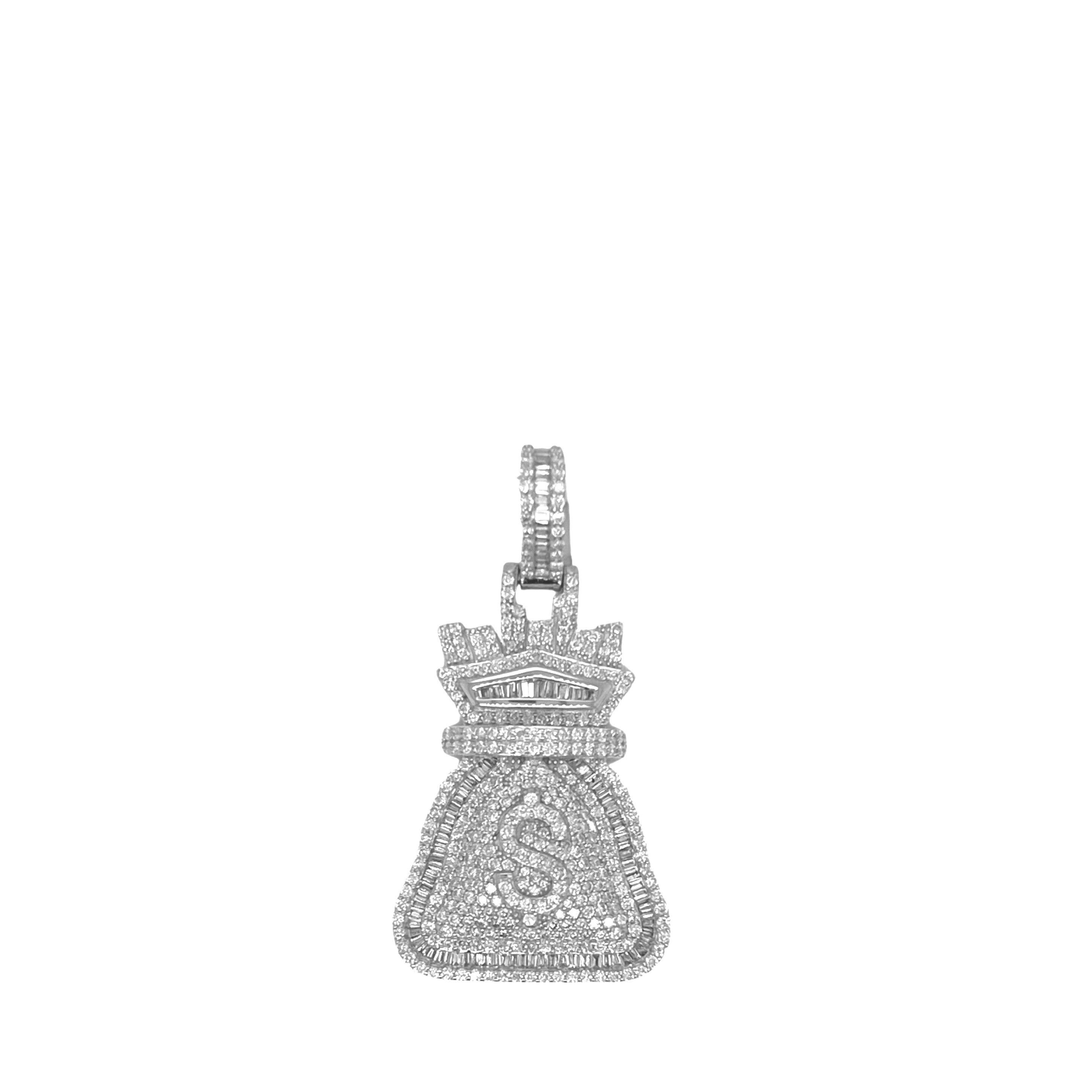 10K White Gold Moneybag $ Sign Baguette VS Diamond Pendant 2.16 CT 1.2"