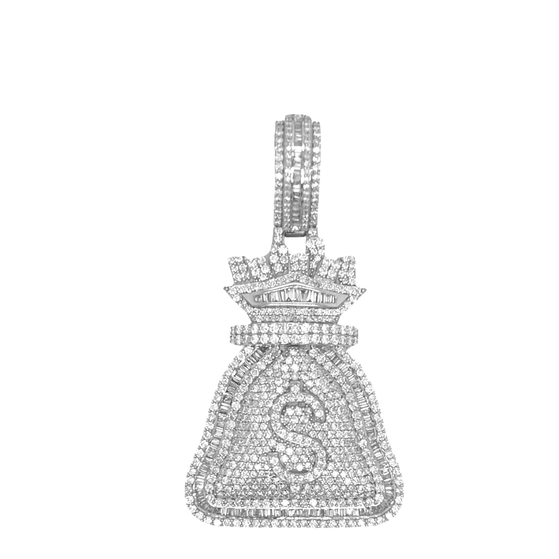 10K White Gold Moneybag $ Sign Baguette VS Diamond Pendant 3.89 CT 2.2"