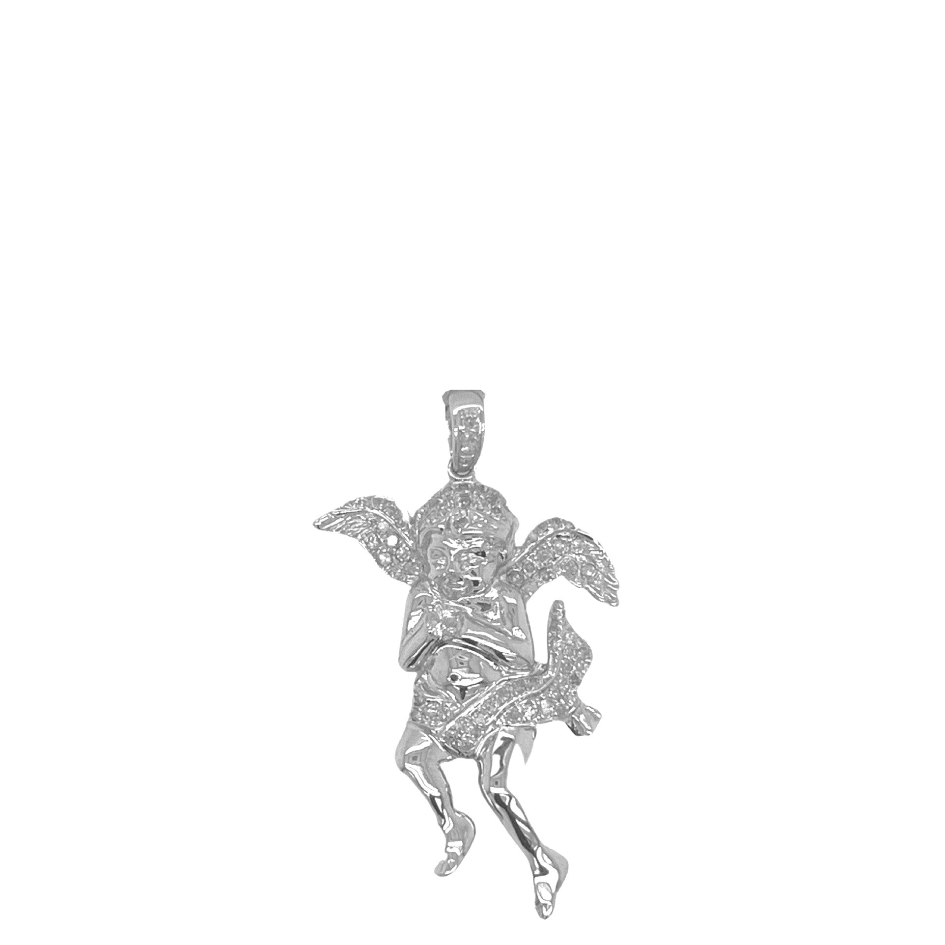 10K White Gold Angel Cherub Diamond Pendant 0.45 CT 1.6"