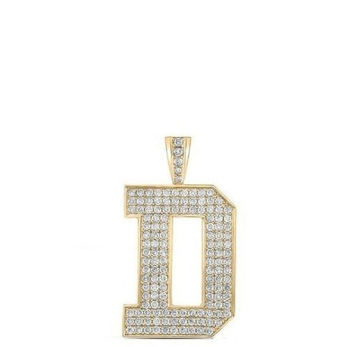 10K Yellow Gold Block Letter D Initial Diamond Pendant 2.37 CT 1.6"