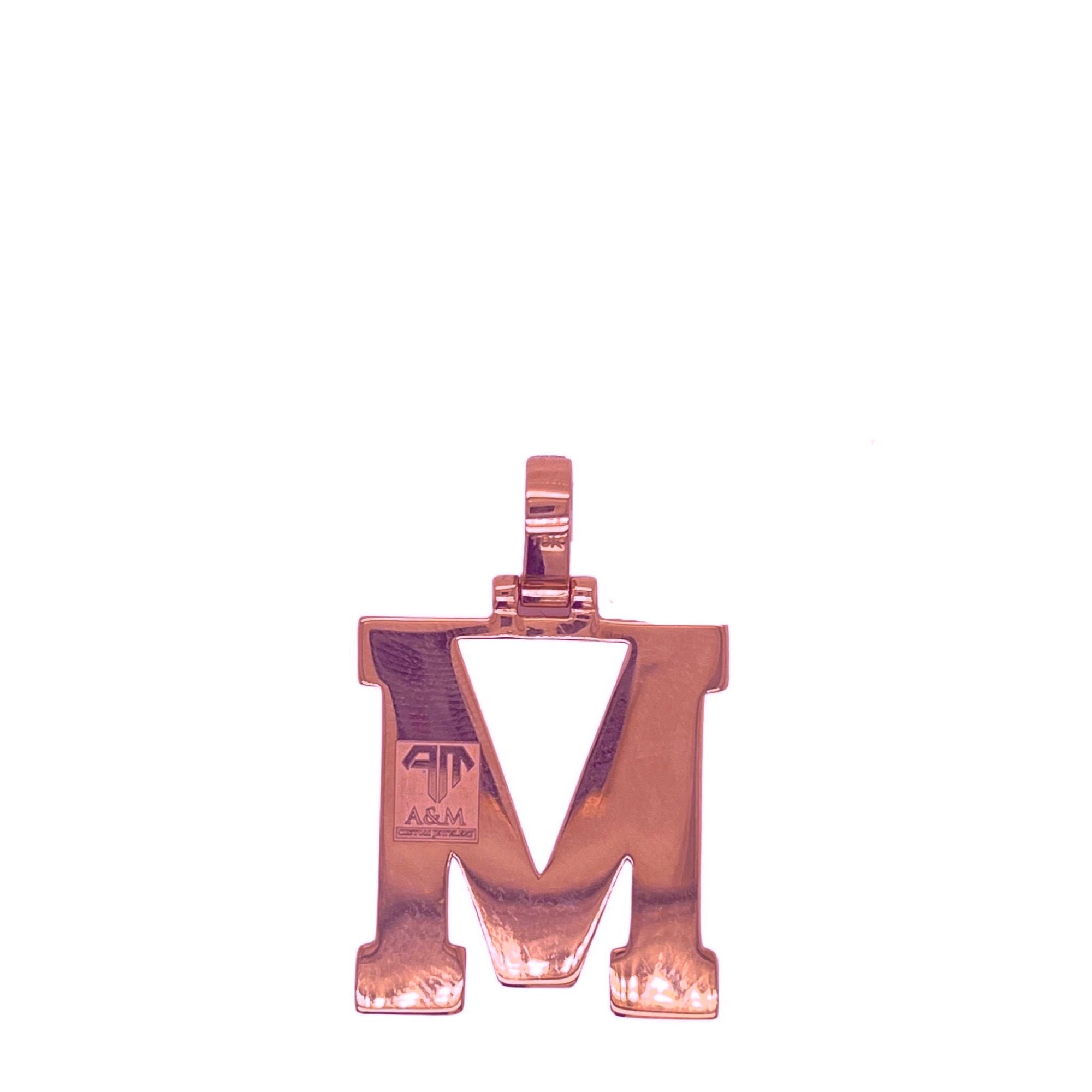 10K Rose White Gold 3D Letter M Initial Diamond Pendant 1.9 CT 1.5"