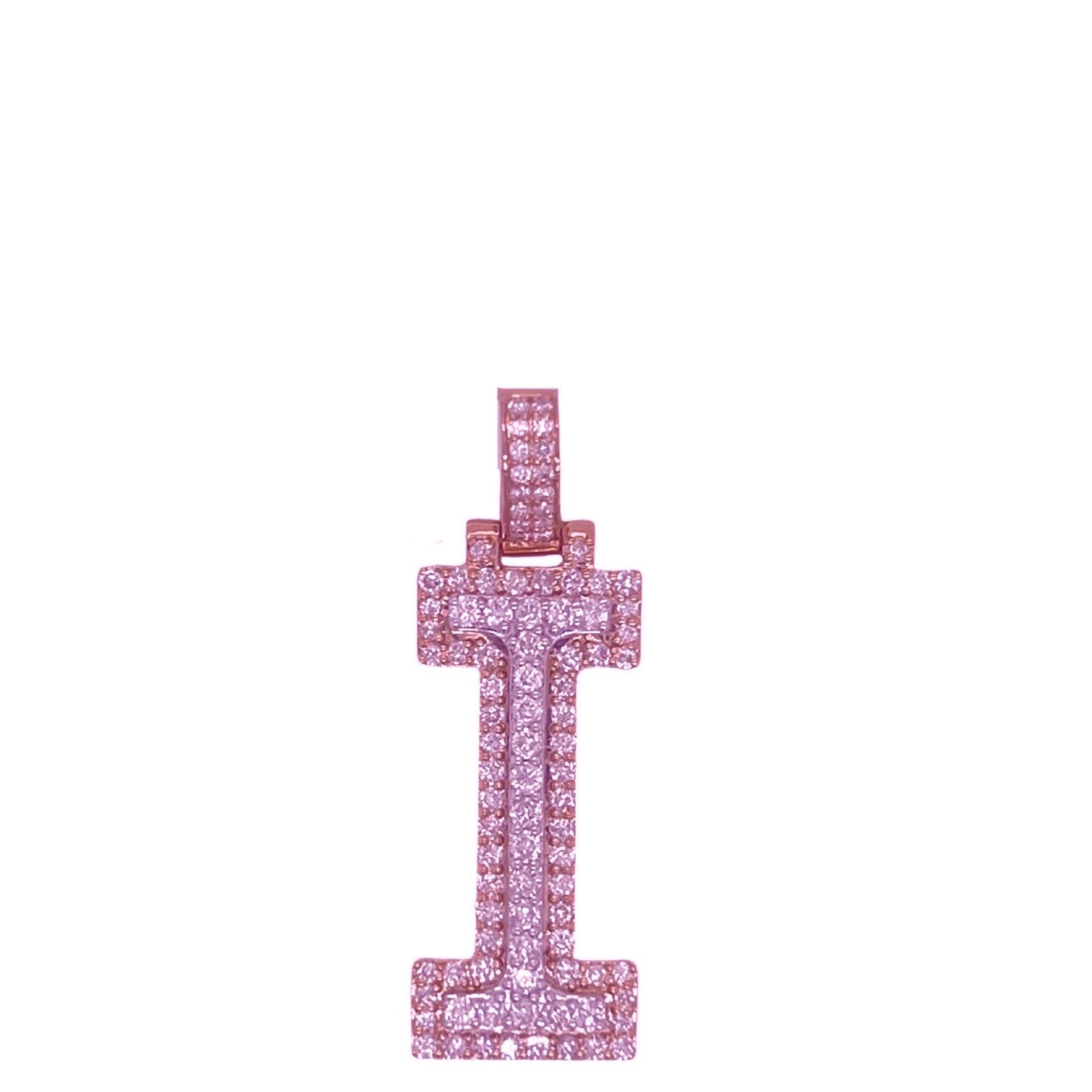 10K Rose White Gold 3D Letter I Initial Diamond Pendant 1.15 CT 1.5"