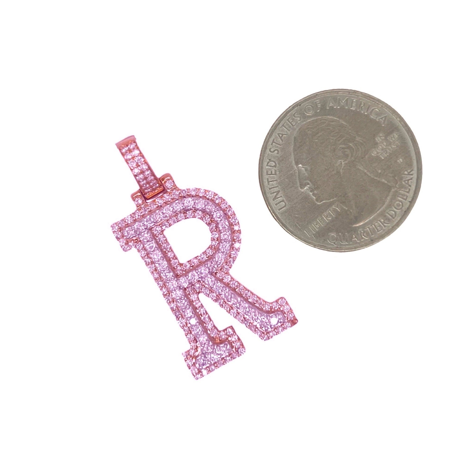 10K Rose White Gold 3D Letter R Initial Diamond Pendant 1.44 CT 1.5"