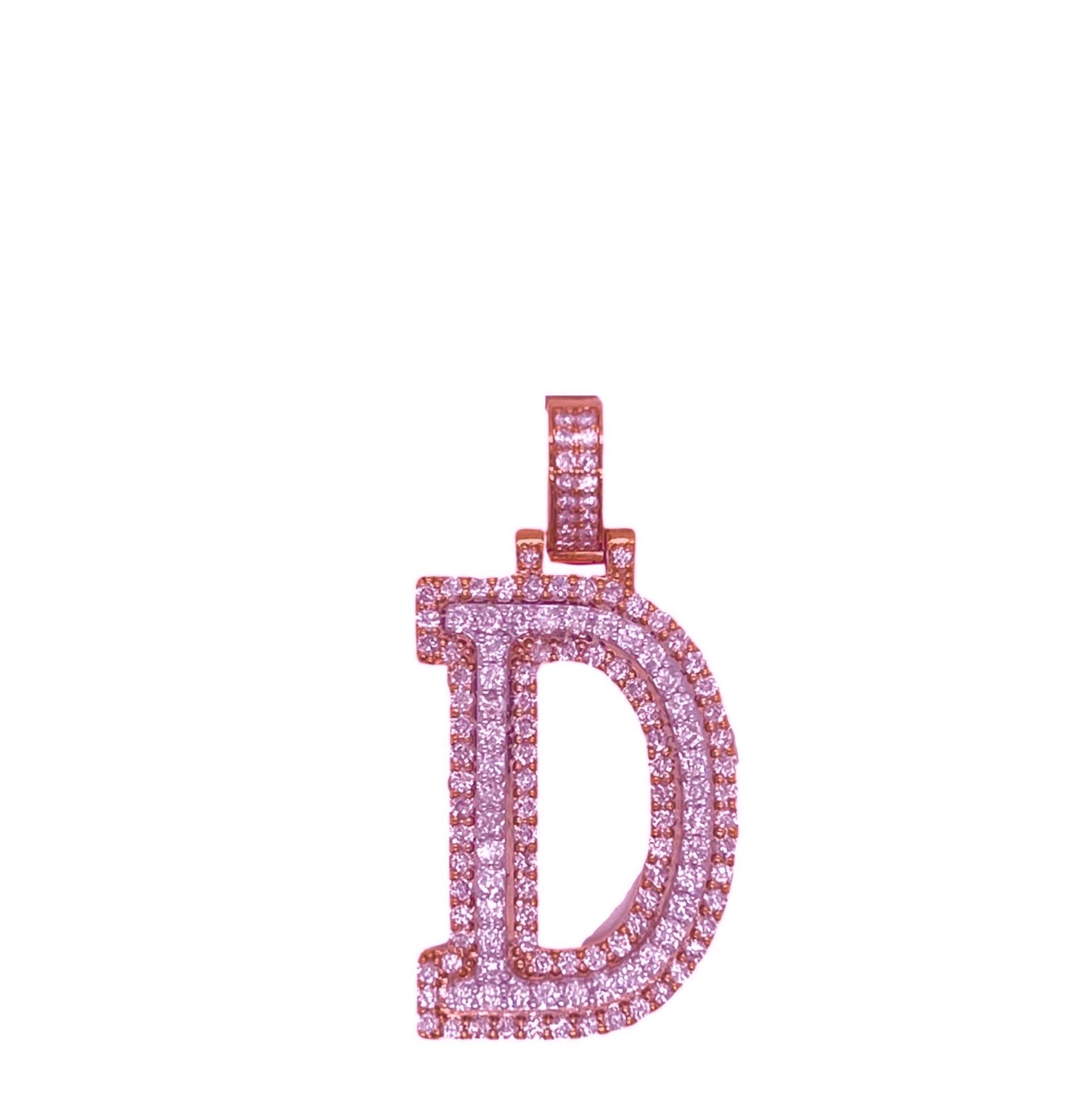 10K Rose White Gold 3D Letter D Initial Diamond Pendant 1.51 CT 1.5"