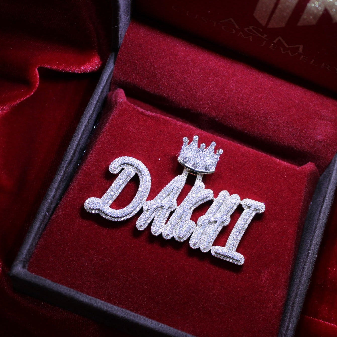 Custom Two-Tone Yellow Gold and White Gold "Dakhi" Name Pendant with Custom Crown Bail