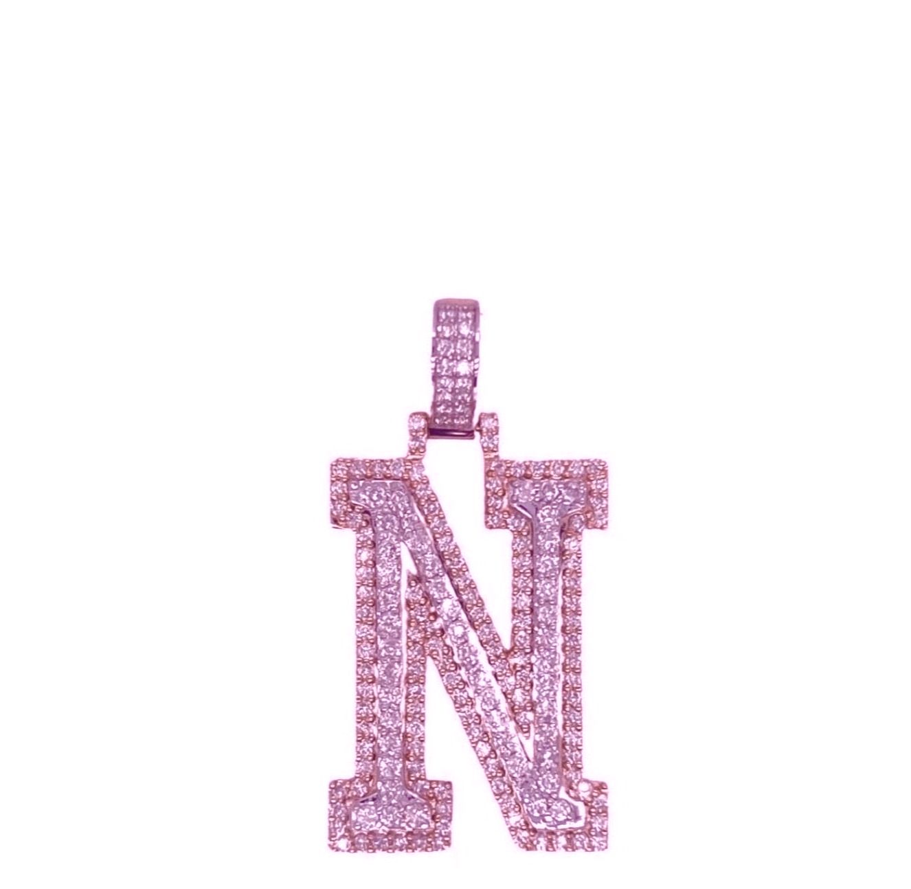 10K Rose White Gold 3D Letter N Initial Diamond Pendant 1.62 CT 1.5"