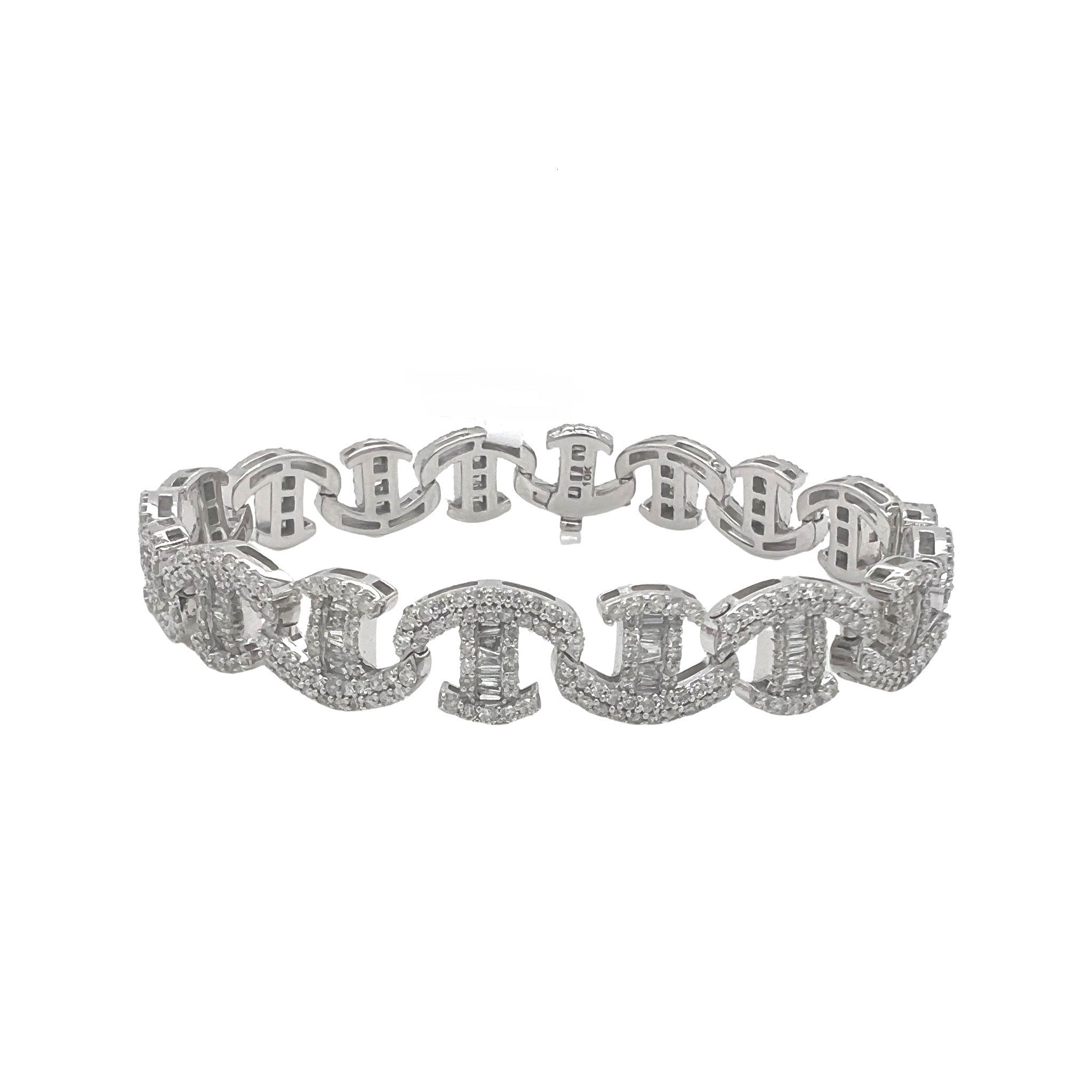 10K White Gold 10MM C-Link Baguette Diamond Bracelet 6.99 CT 7.5"