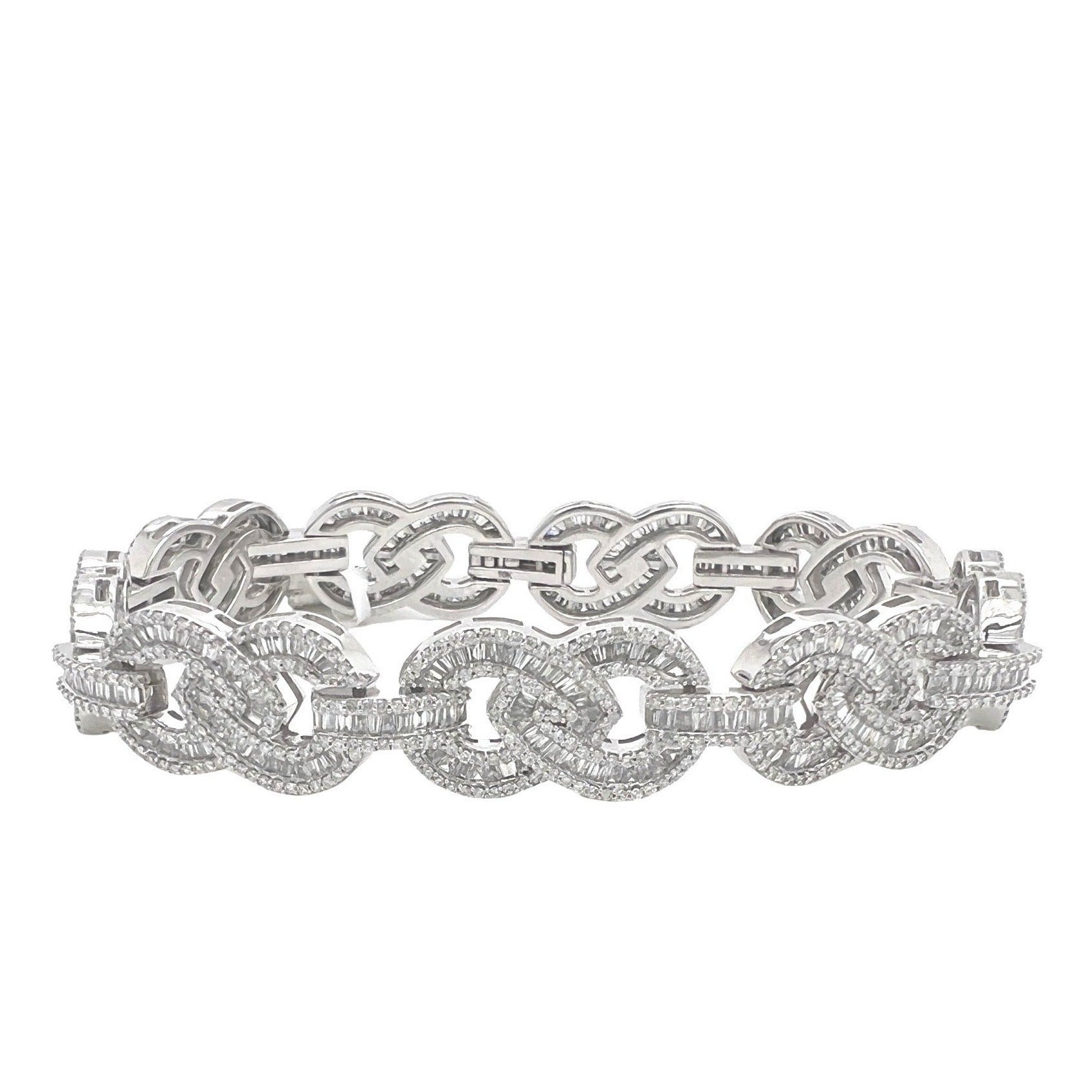 10K White Gold 12MM Designer Infinity Link Baguette Diamond Bracelet 7.99 CT 7.75"