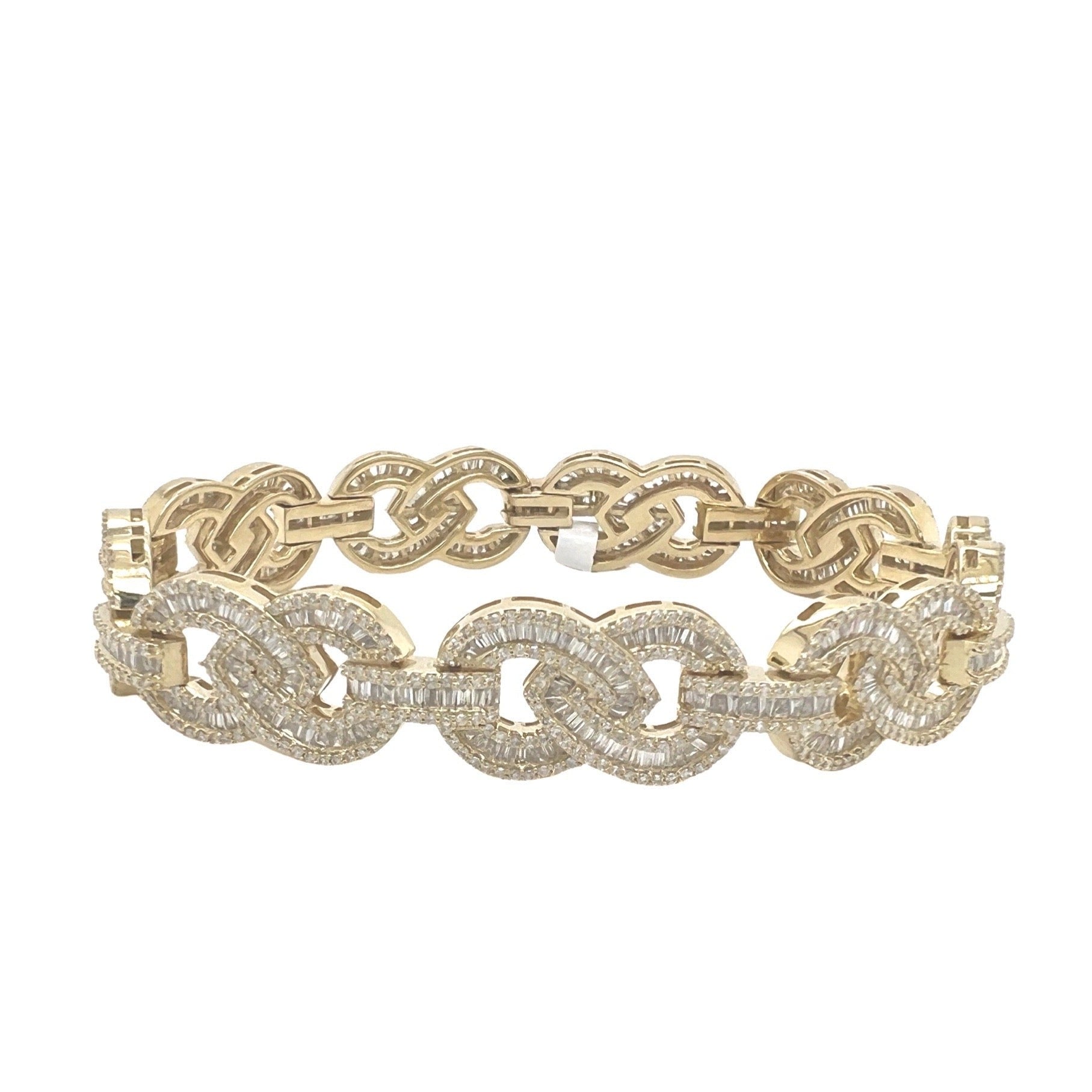 10K Yellow Gold 12MM Designer Infinity Link Baguette Diamond Bracelet 7.4 CT 7.75"
