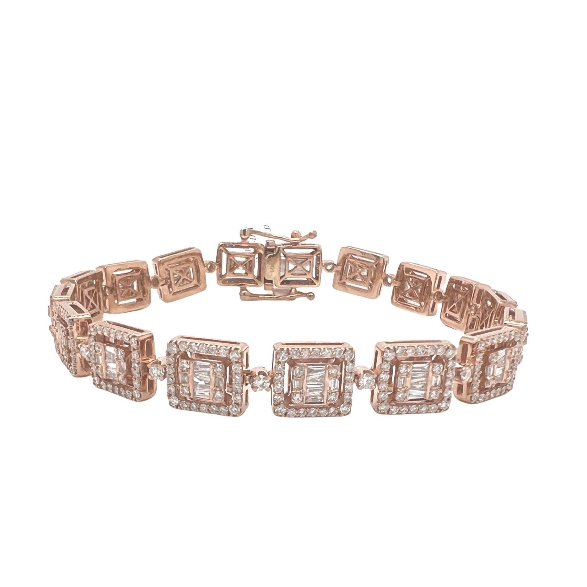 10K Rose Gold 9MM Square Link Tennis Baguette Diamond Bracelet 6.01 CT 8.5"