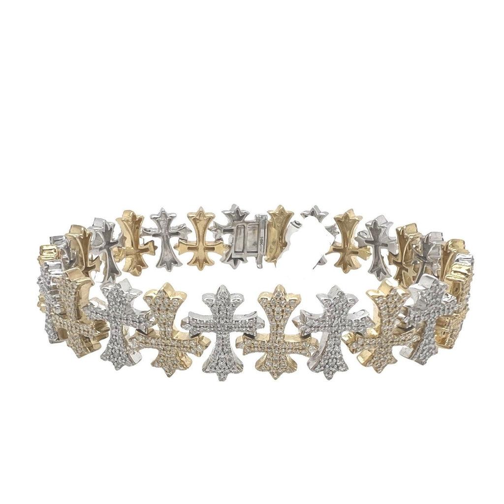 10K Two-Tone Gold 15MM Designer Chrom Heart Cross Diamond Bracelet 5.83 CT 8.25"