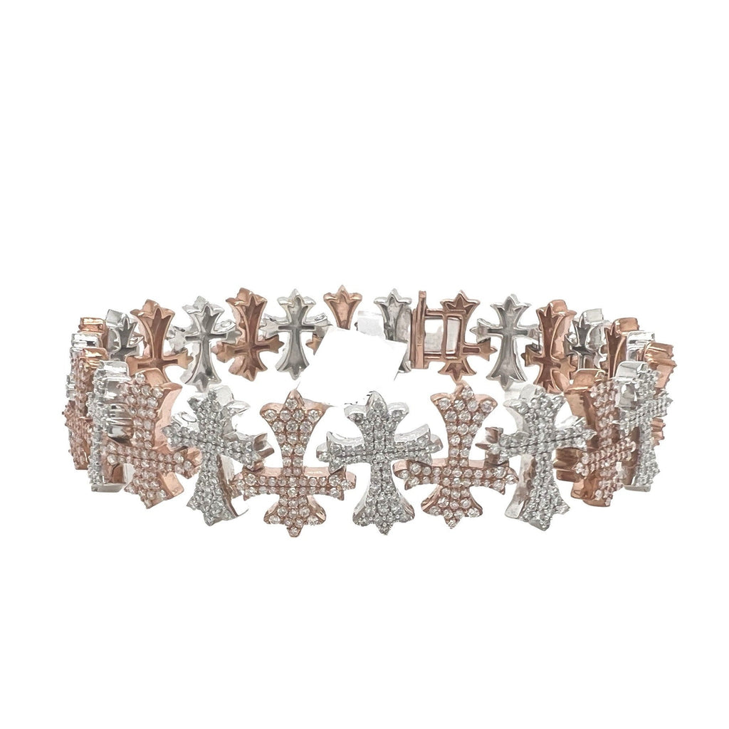 10K Two-Tone Gold 15MM Designer Chrom Heart Cross Diamond Bracelet 6.36 CT 8.25"