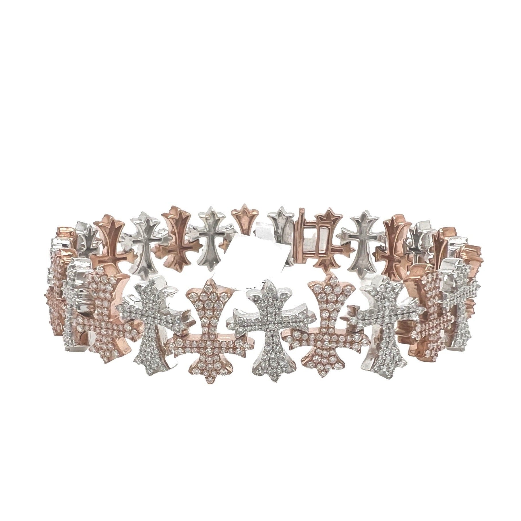 10K Two-Tone Gold 15MM Designer Chrom Heart Cross Diamond Bracelet 6.36 CT 8.25"