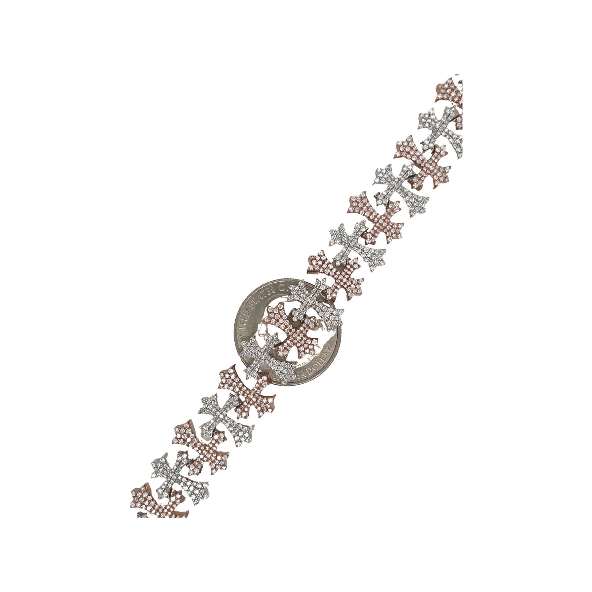 10K Two-Tone Gold 15MM Designer Chrom Heart Cross Diamond Bracelet 6.36 CT 8.25"