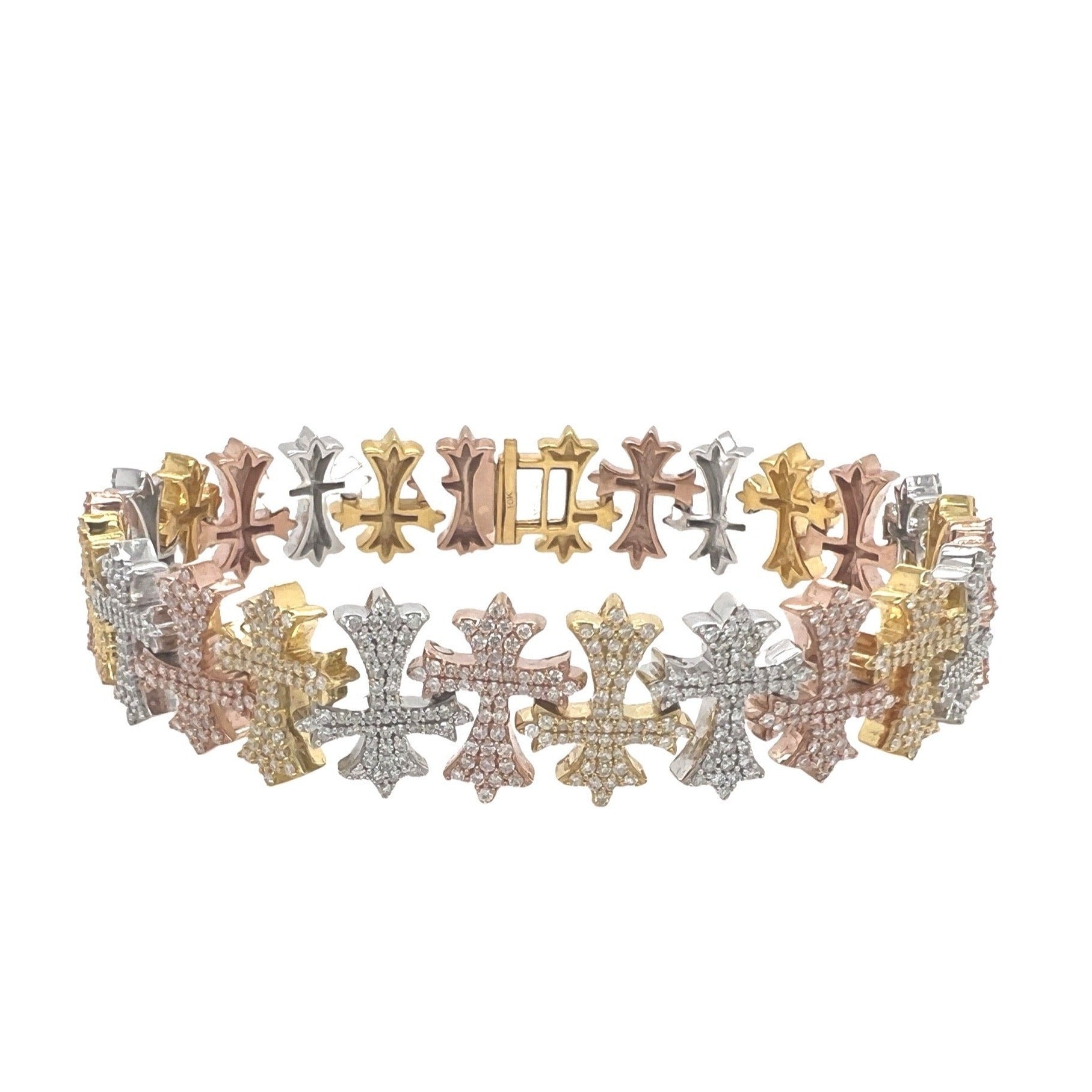 10K Tri-Color Gold 15MM Designer Chrom Heart Cross Diamond Bracelet 6.09 CT 8.25"