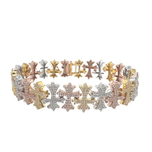 Load image into Gallery viewer, 10K Tri-Color Gold 15MM Designer Chrom Heart Cross Diamond Bracelet 6.09 CT 8.25&quot;
