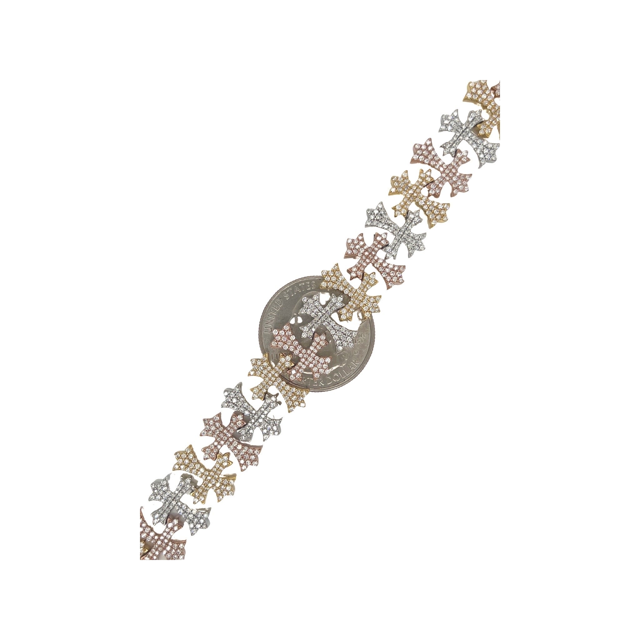 10K Tri-Color Gold 15MM Designer Chrom Heart Cross Diamond Bracelet 6.09 CT 8.25"