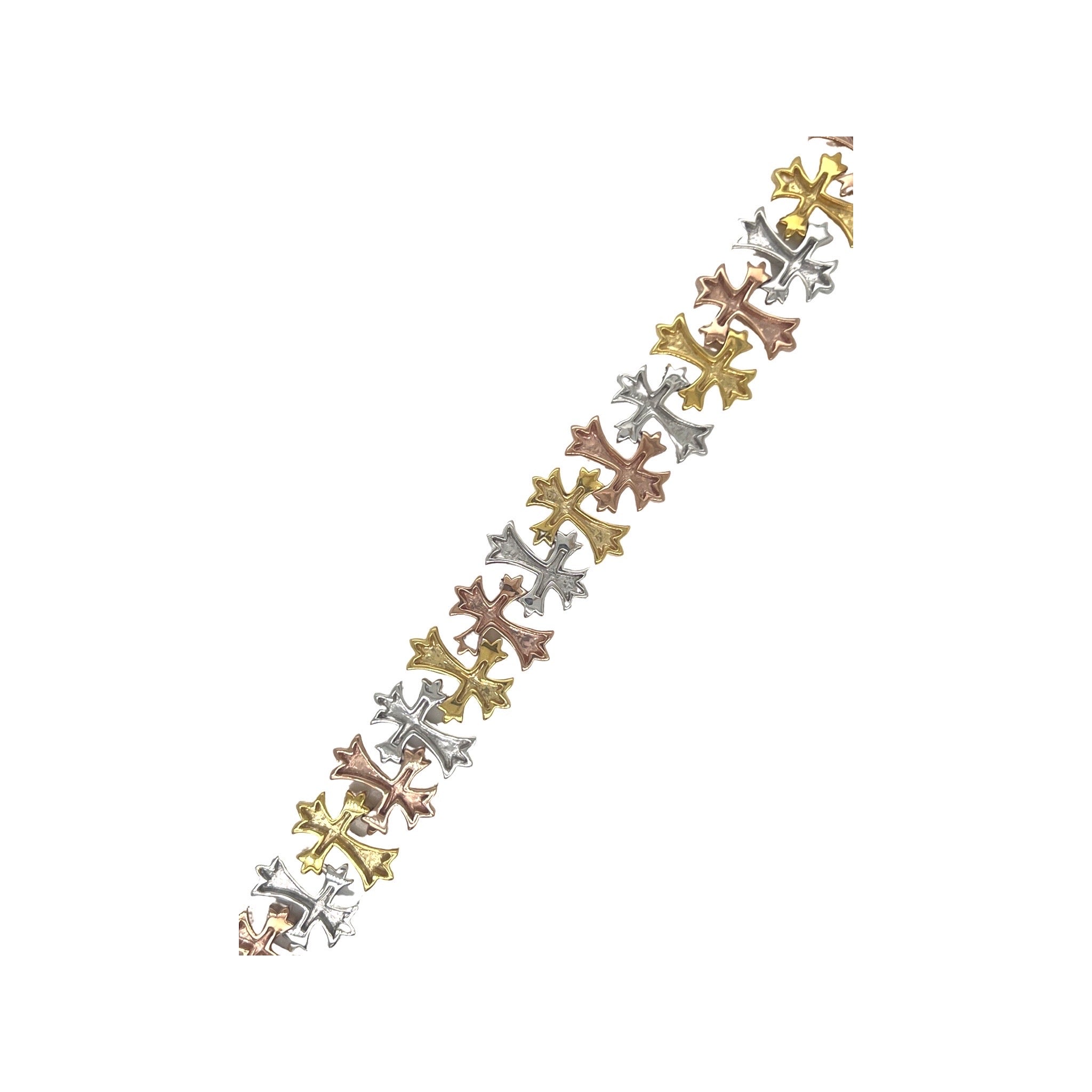 10K Tri-Color Gold 15MM Designer Chrom Heart Cross Diamond Bracelet 6.09 CT 8.25"