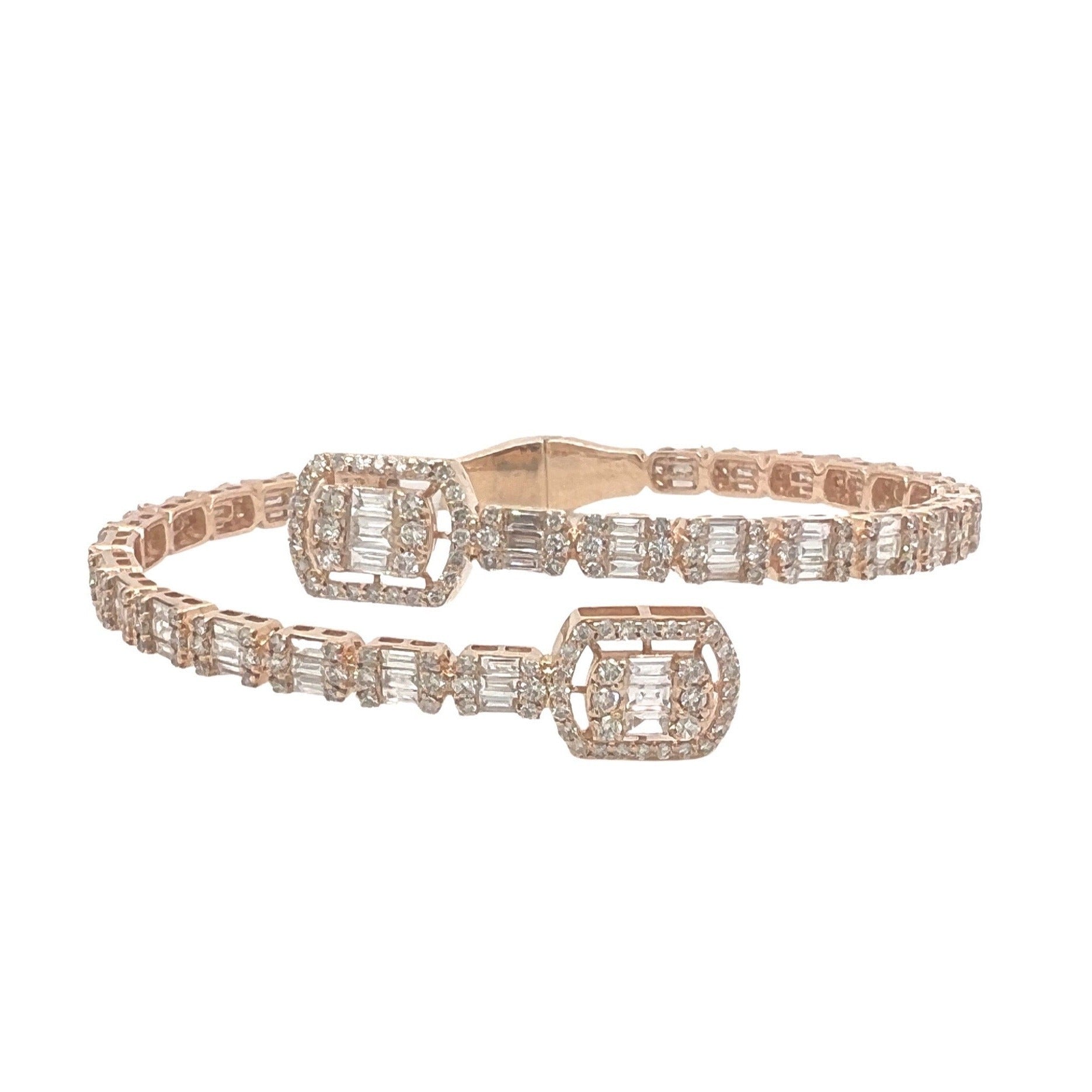 14K Rose Gold Designer Baguette Diamond Bangle Bracelet 5.41 CT 8.25"