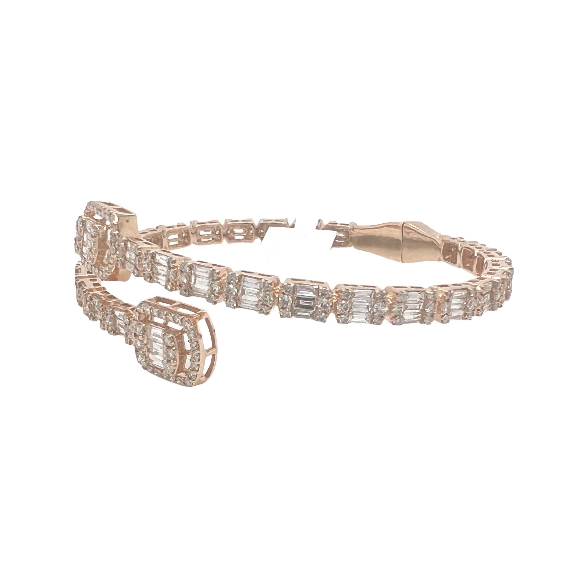 14K Rose Gold Designer Baguette Diamond Bangle Bracelet 5.41 CT 8.25"