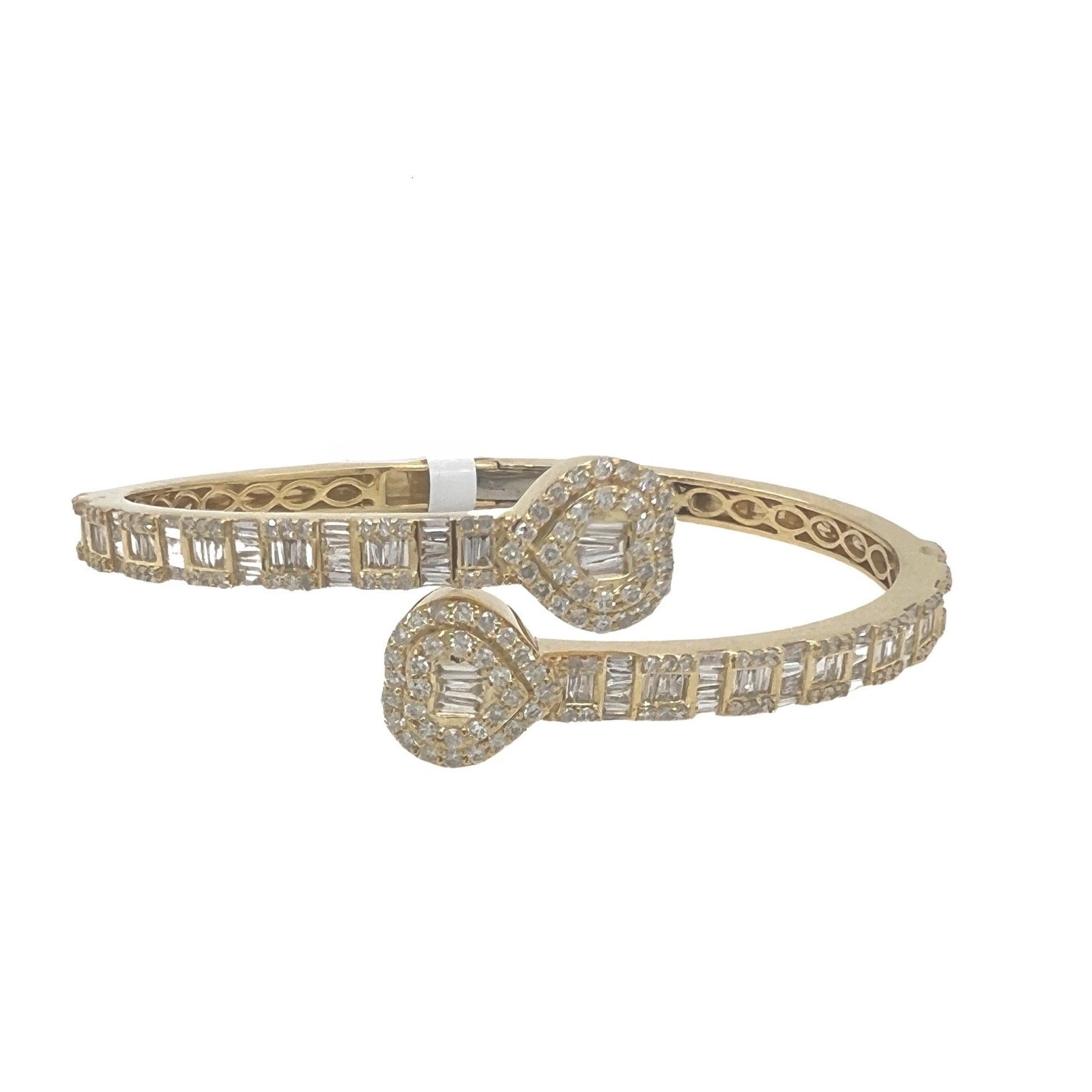 10K Yellow Gold Designer Heart Baguette Diamond Bangle Bracelet 2.53 CT 7"