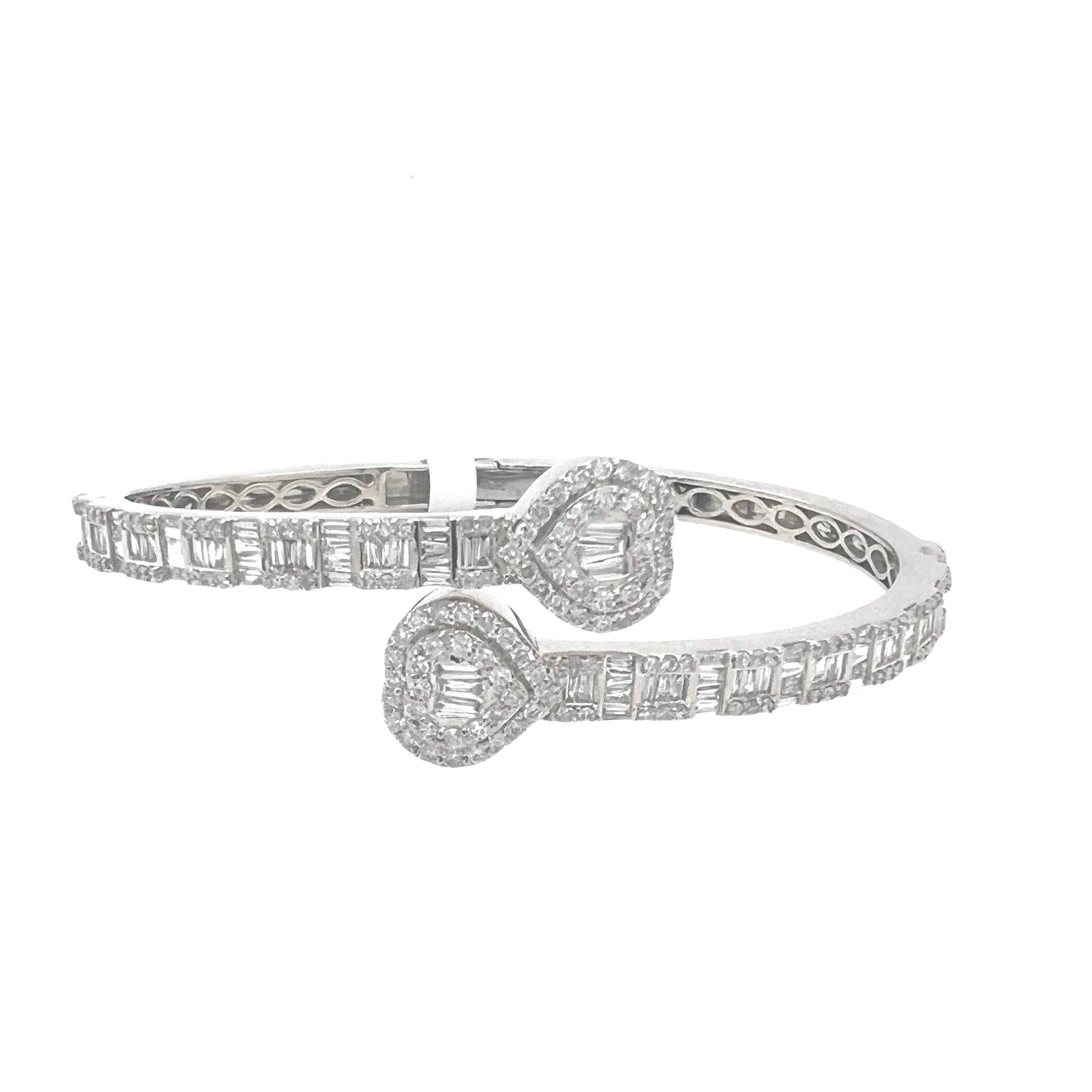 10K White Gold Designer Heart Baguette Diamond Bangle Bracelet 2.53 CT 7"