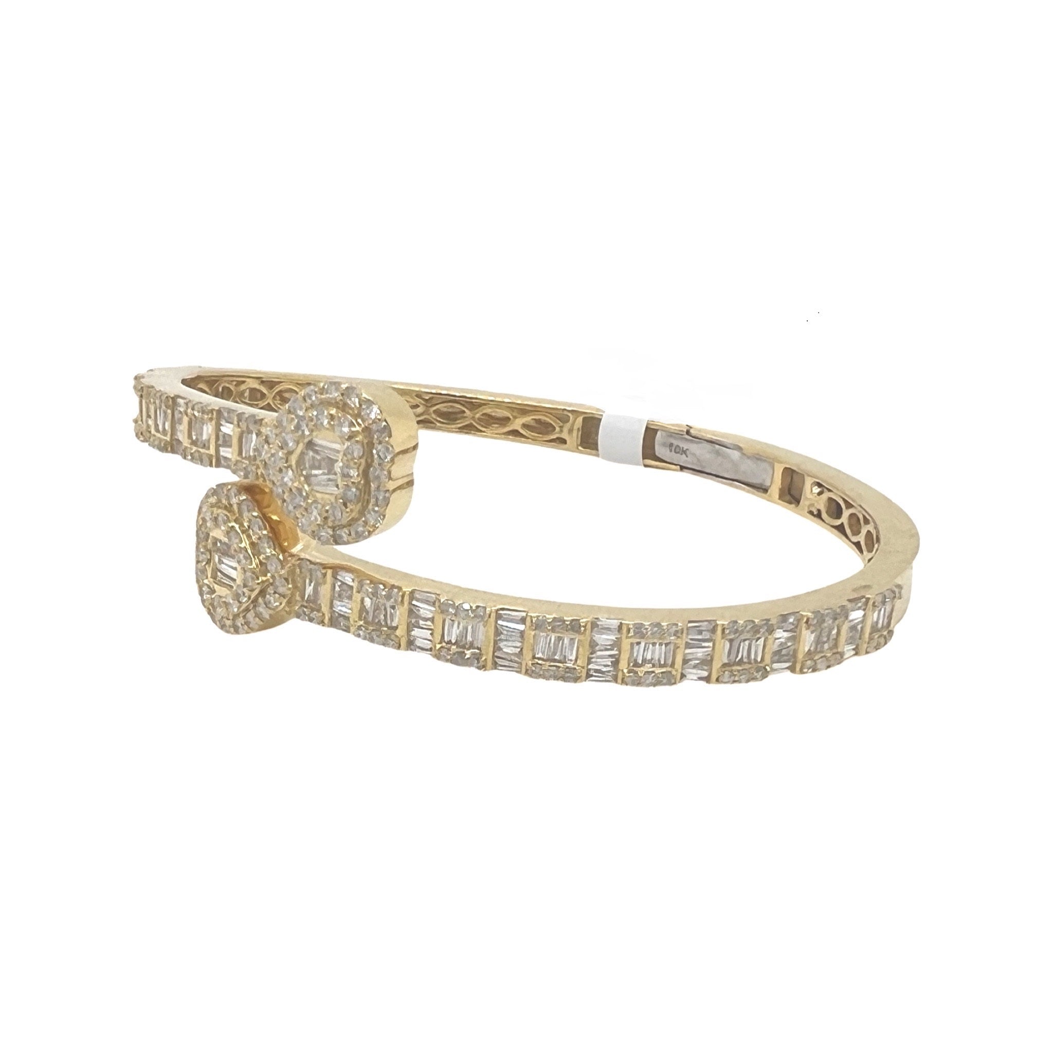 10K Yellow Gold Designer Heart Baguette Diamond Bangle Bracelet 2.53 CT 7"