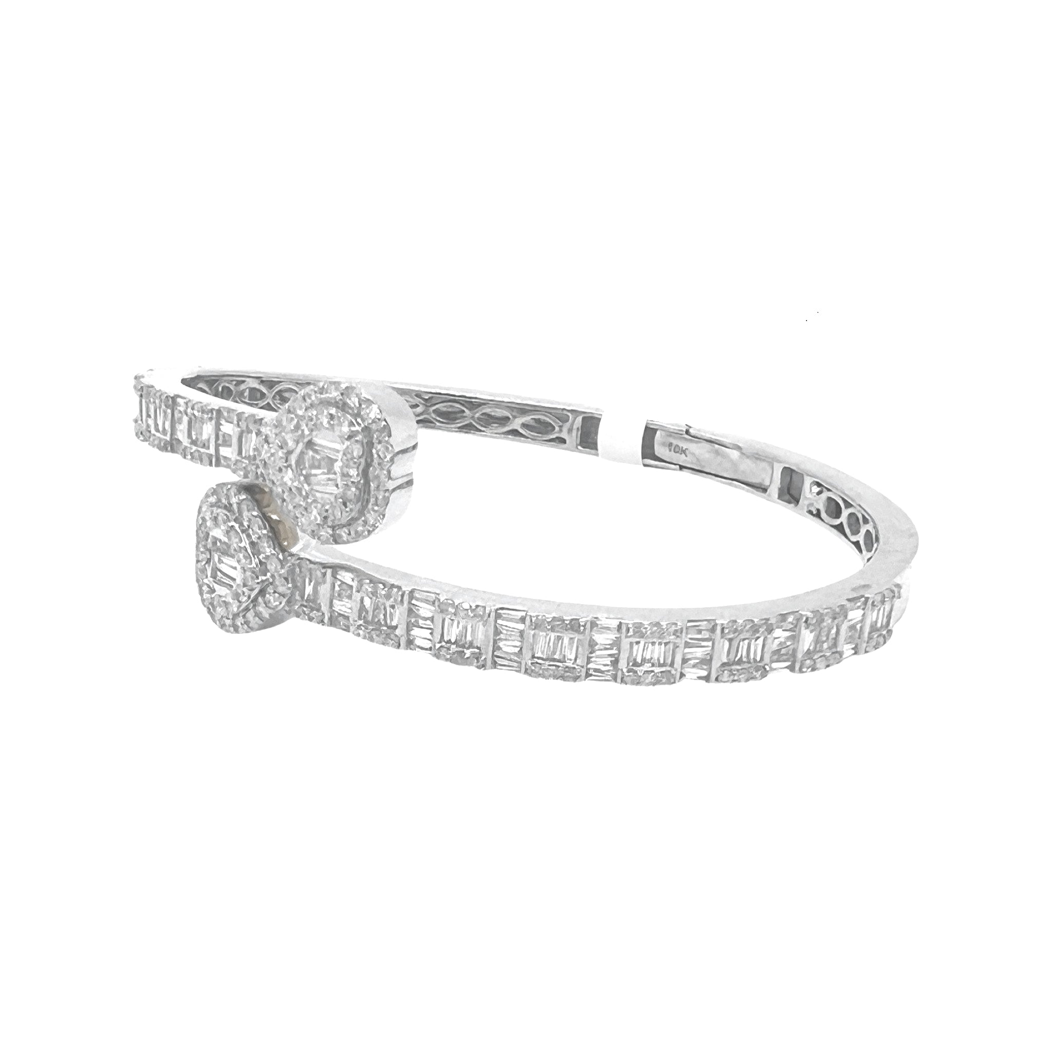 10K White Gold Designer Heart Baguette Diamond Bangle Bracelet 2.53 CT 7"