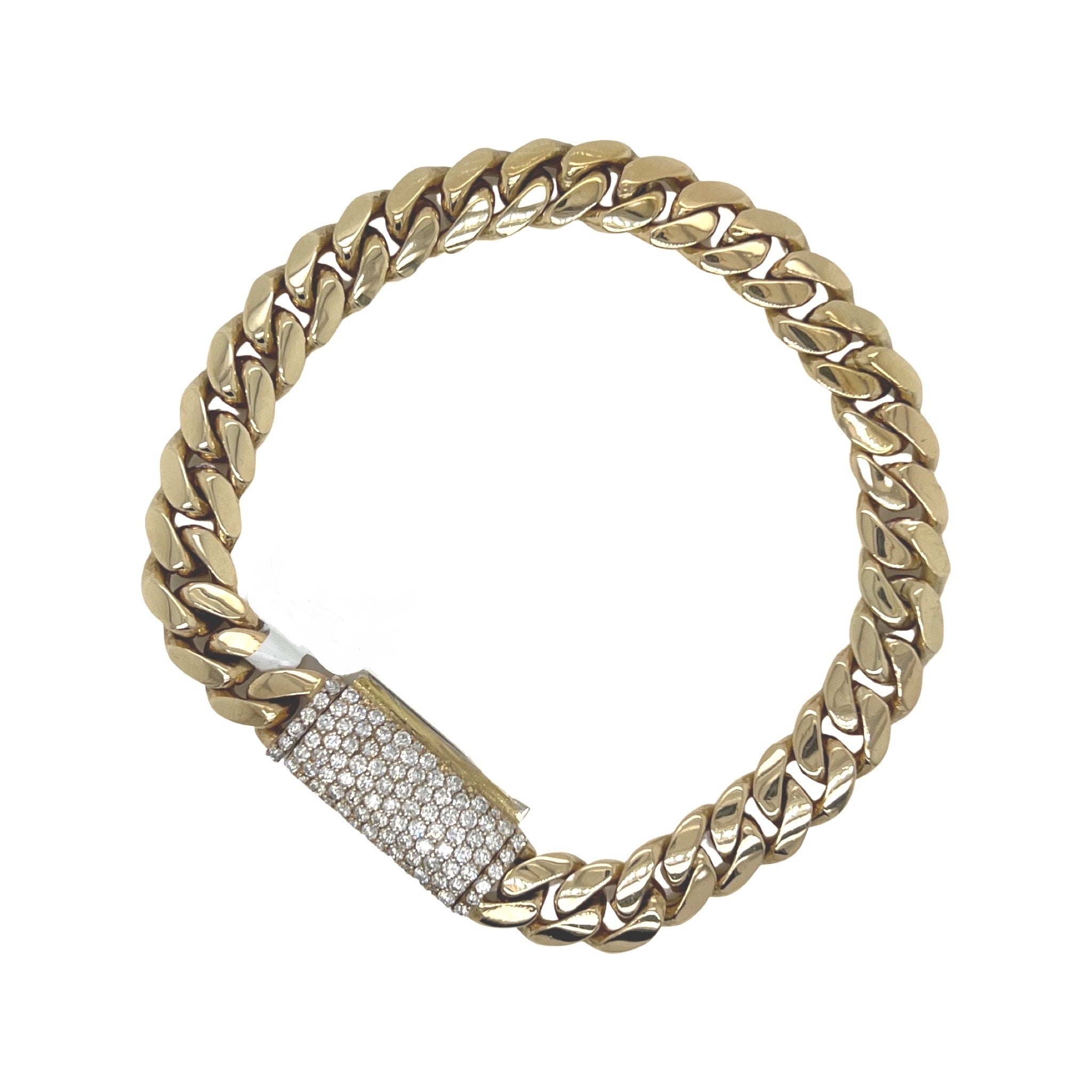 14K Yellow Gold 9MM Miami Cuban Diamond Lock Bracelet 2.0 CT 8.5"