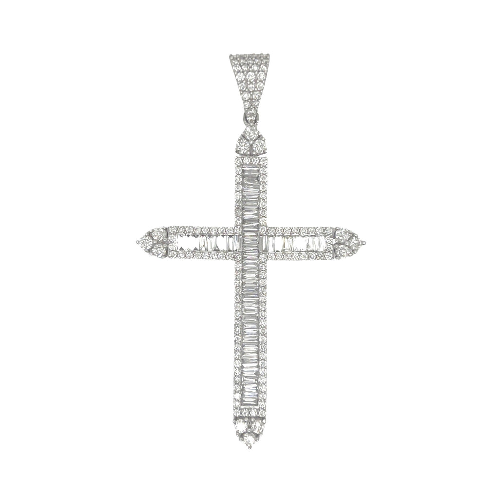 10K White Gold Baguette Diamond Cross Pendant 2.77 CT 2.5"