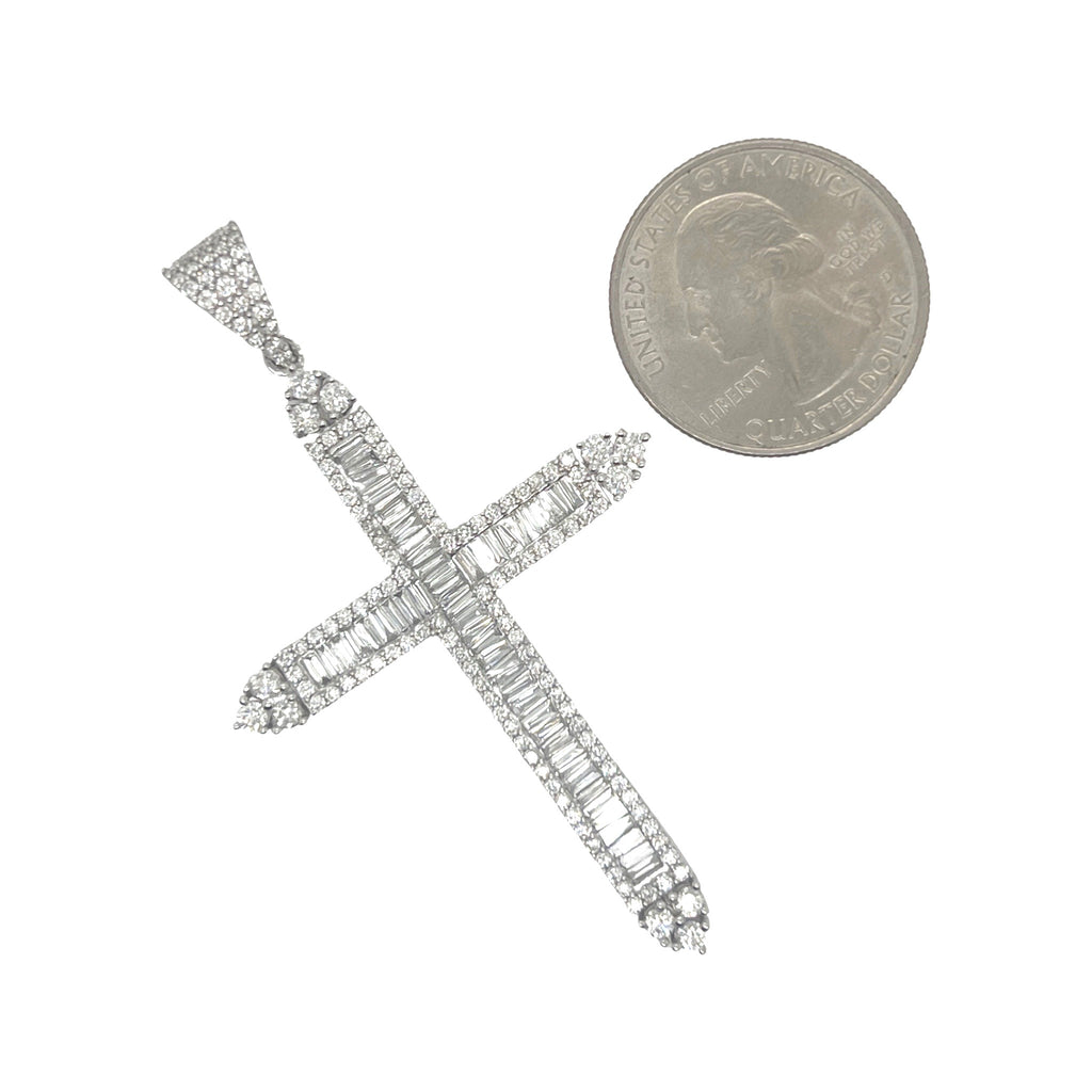 10K White Gold Baguette Diamond Cross Pendant 2.77 CT 2.5"