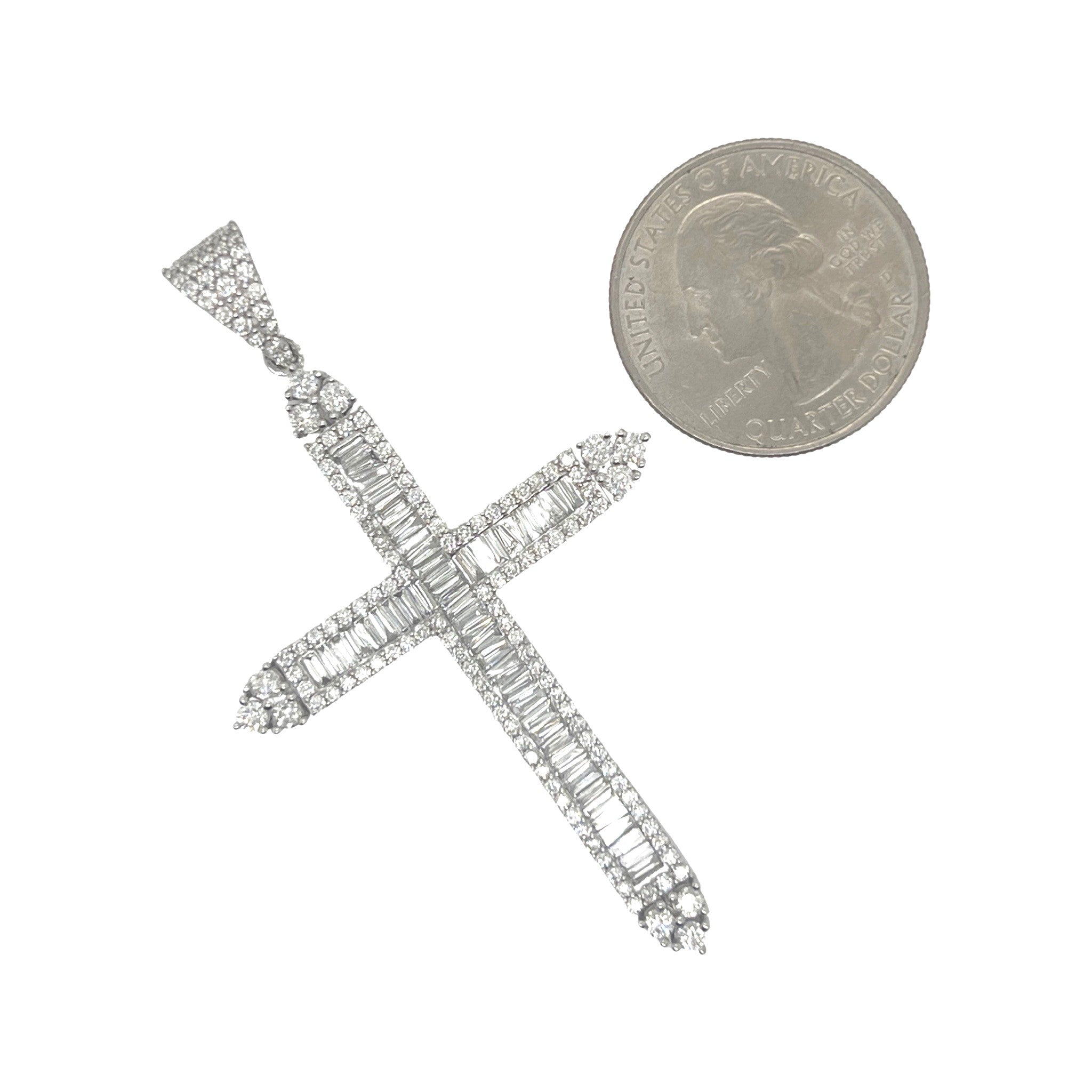 10K White Gold Baguette Diamond Cross Pendant 2.77 CT 2.5"