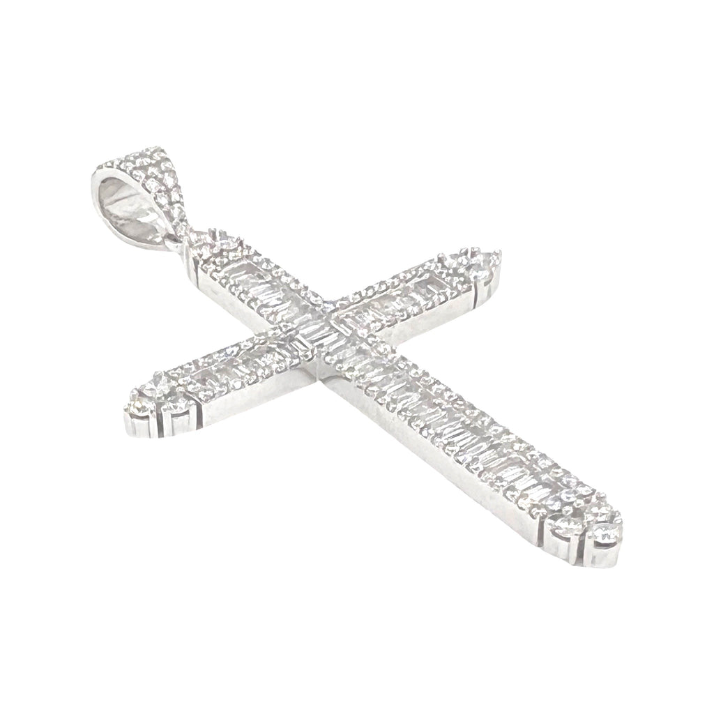 10K White Gold Baguette Diamond Cross Pendant 2.77 CT 2.5"