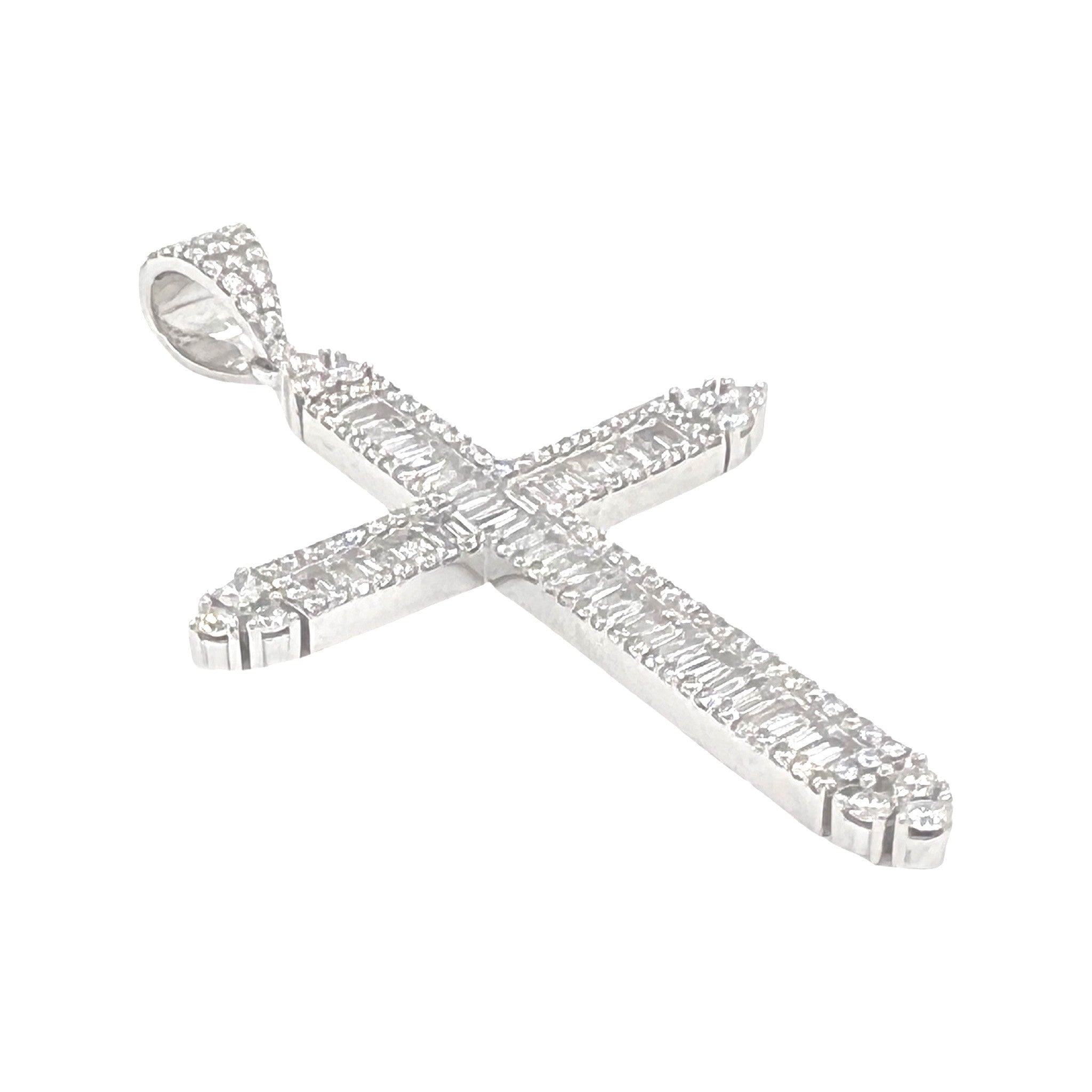 10K White Gold Baguette Diamond Cross Pendant 2.77 CT 2.5"